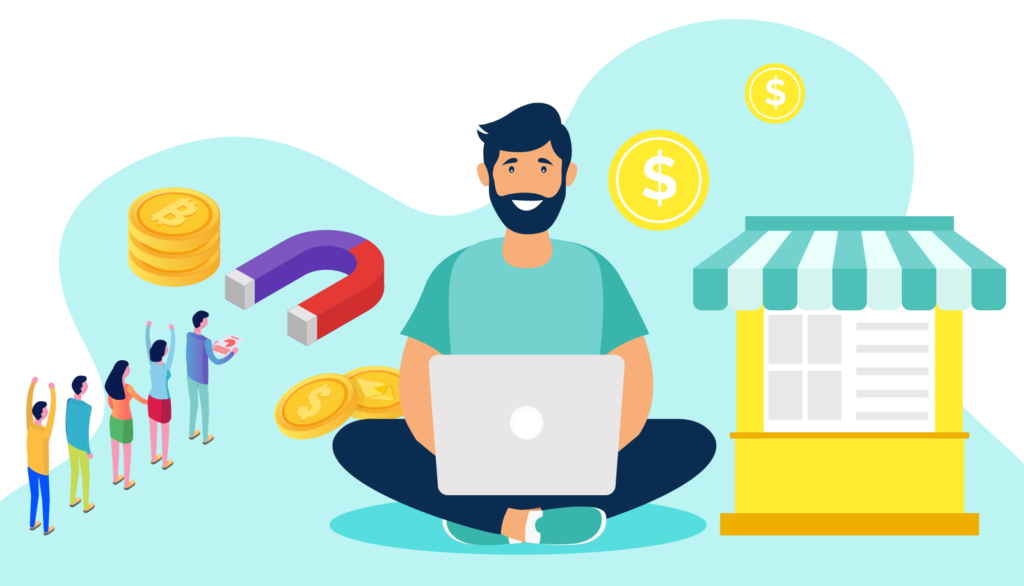 A marketer uses AI (laptop + magnet) to attract high-intent B2B leads, convert engagement into revenue (coins), and scale 24/7 (storefront). Bold, eye-catching thumbnail to drive clicks.